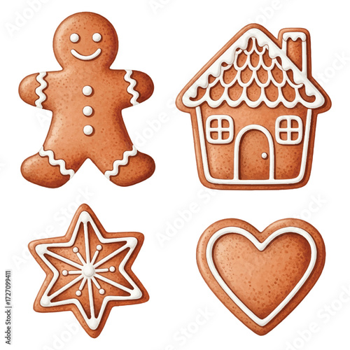 Watercolor Vector Gingerbread Cookies Christmas Dessert Illustration on White Background