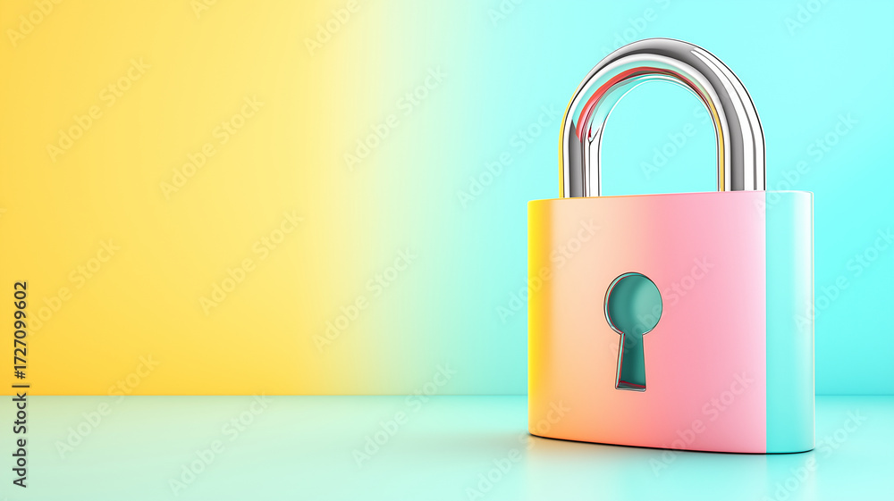 Fototapeta premium Pastel colored padlock with keyhole stands against vibrant yellow and blue background, symbolizing security and protection. lock smooth gradient design adds modern touch