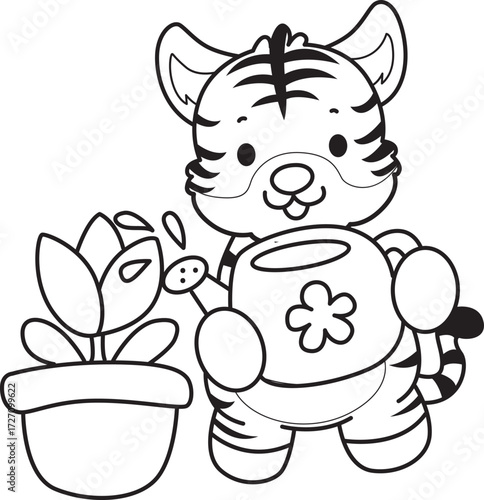 Coloring book of cute tiger character vector clip art for children.  