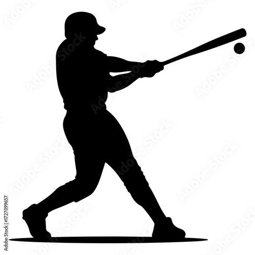 baseball player silhouette vector, Baseball Player Hitting Ball Silhouette, Dynamic Batter Swing Action Graphic, A powerful black silhouette illustration of a baseball player.