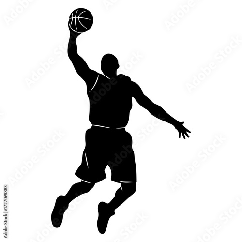 basketball player silhouette vector, Basketball Player Slam Dunk Silhouette, Dynamic Athlete Jumping with Ball Graphic, A powerful black silhouette illustration of a basketball player in the air.