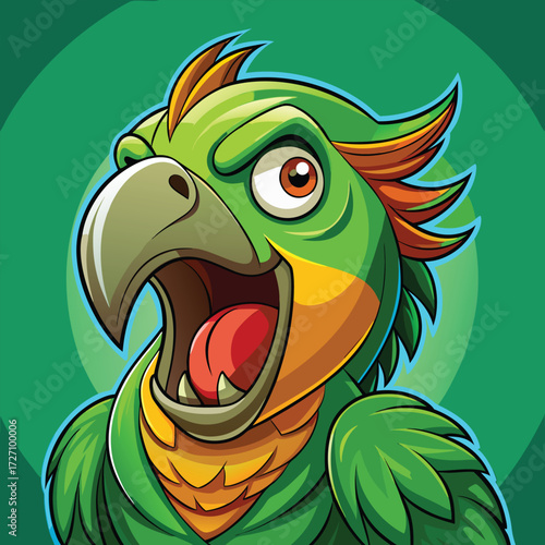 A detailed digital painting of a lively green parrot with its beak wide open. The bird's expressive eyes and colorful plumage convey a sense of surprise, excitement, or a loud call.