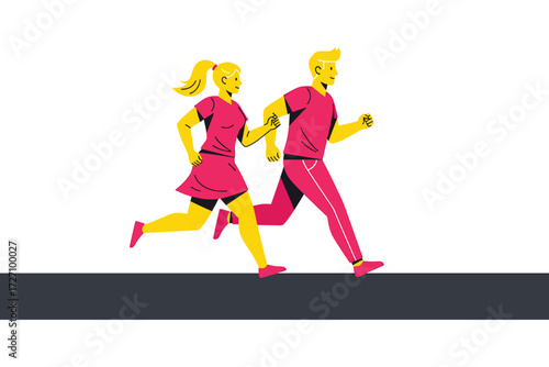 A couple is jogging on a road, wearing matching pink outfits, with the womans blonde hair in a ponytail, isolated on white background vector