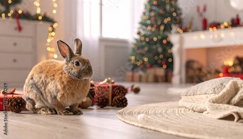 A festive interior with a Christmas tree and glowing decorations, showing a rabbit on the floor near pinecones, gifts, and a soft blanket