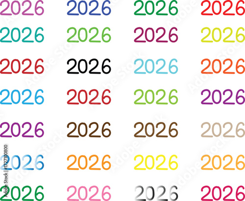 Year 2026 Text Repeating Pattern , Repeating colorful year 2026 text pattern on white background, abstract minimal calendar typography design.