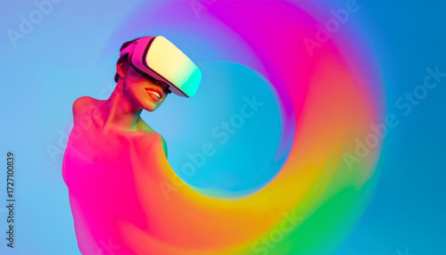A smiling woman wearing a VR headset is bathed in neon pink light against a vibrant, swirling abstract  rainbow background.