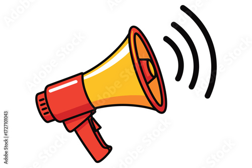 Illustration of a red and yellow megaphone with sound waves isolated on white background, symbolizing announcement, communication, and public speaking vector