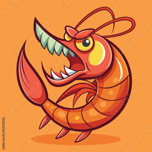 A vibrant, stylized depiction of an angry cartoon shrimp with sharp teeth and claws. This playful creature looks ready for an adventure or a culinary showdown.