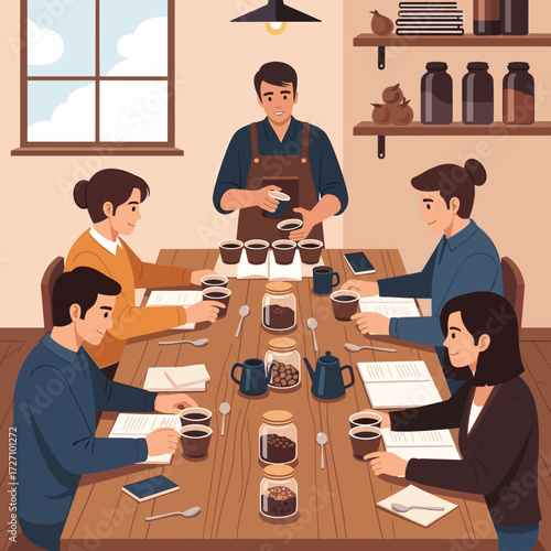 Professional coffee cupping workshop where an expert barista guides a group of diverse participants in sensory evaluation of various coffee beans and roasts