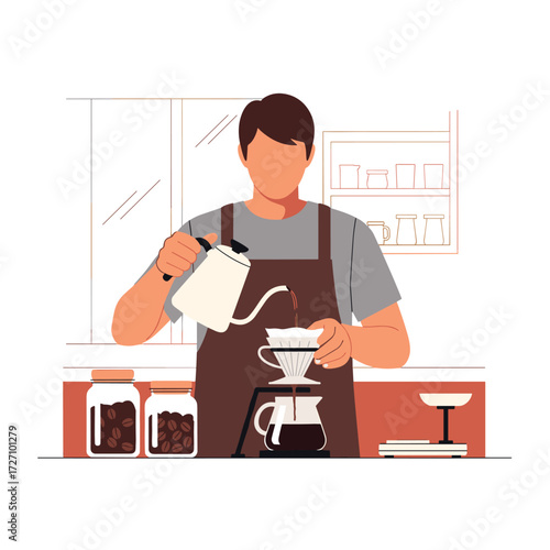 Illustration of a professional male barista meticulously brewing fresh pour-over drip coffee in a cafe