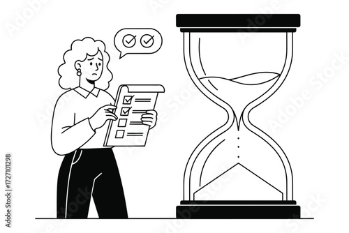 Stressed woman with checklist and hourglass isolated on white background, depicting time management, deadlines, and task prioritization in a modern illustration vector
