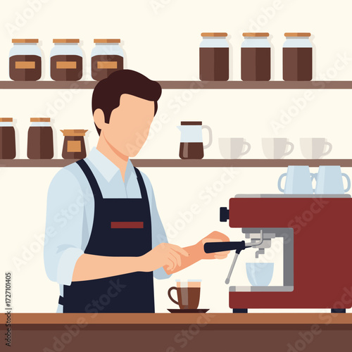 Barista preparing espresso in a coffee shop with a modern espresso machine, vector illustration