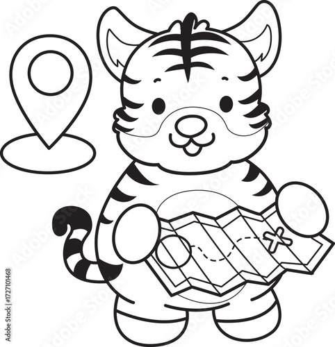Coloring book of cute tiger character vector clip art for children.  