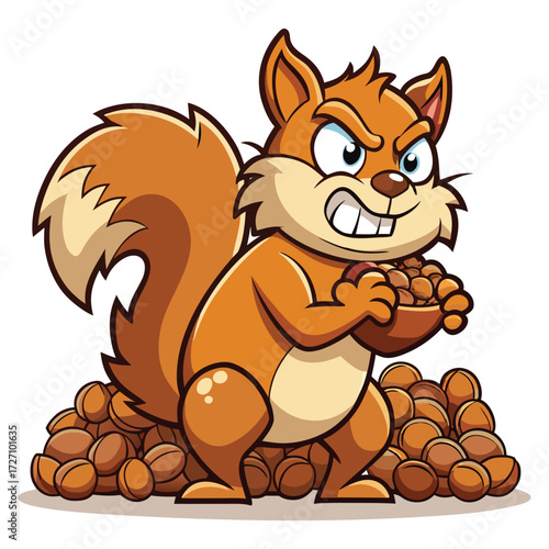 An animated squirrel with an angry expression fiercely protects a massive hoard of nuts. This playful character embodies a humorous take on animal behavior and autumn abundance.
