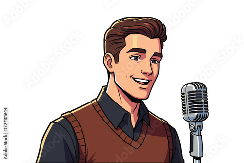 A smiling man singing into a vintage microphone, isolated on white background a portrait of a performer, capturing the essence of music and talent vector