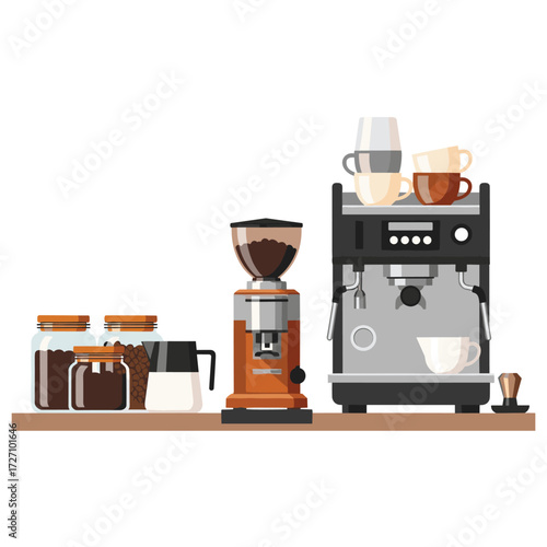 A collection of essential barista equipment for brewing coffee, featuring an espresso machine, grinder, and accessories in a flat vector style