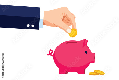 Illustration of a hand putting a coin into a piggy bank isolated on white background, representing saving money and financial planning vector