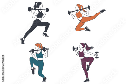 Illustration of women exercising with weights isolated on white background, representing fitness, health, and a healthy lifestyle vector