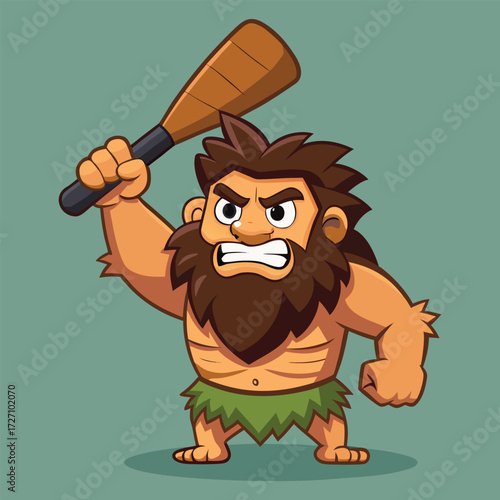 An angry prehistoric caveman character is depicted aggressively swinging a wooden club. This represents a strong, wild, and primitive fighter from ancient times, full of raw power.