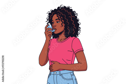 Isolated on white background, a woman uses an inhaler to manage asthma, highlighting the importance of respiratory health and medical care access vector