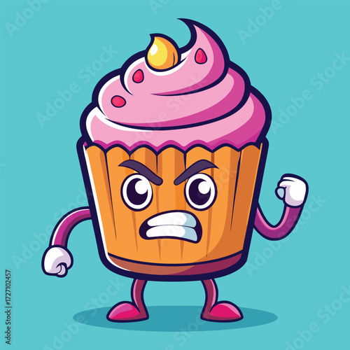 A fun and energetic cartoon cupcake character with a fierce expression and raised fists. Perfect for adding a playful yet determined vibe to your projects.