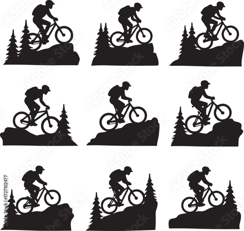 Mountain biker silhouettes on rocky terrain with pine trees