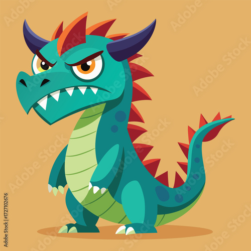 An animated green dragon with sharp spikes and an intimidating gaze, depicted with bright colors and a playful yet fierce expression, perfect for fantasy themes.