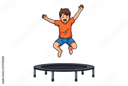 A boy jumps high on a trampoline, showcasing energy, fun, and physical activity isolated on white background, indicating joy and excitement vector