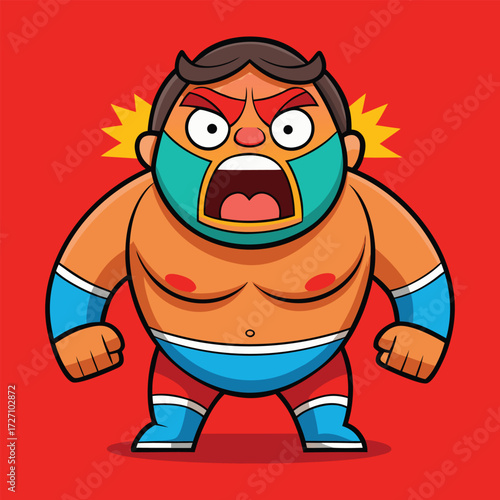 A vibrant and expressive cartoon wrestler with a determined look on its face, wearing a colorful mask and wrestling attire, evoking energy and anticipation.