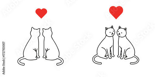 Two cats sitting together with hearts above their heads  