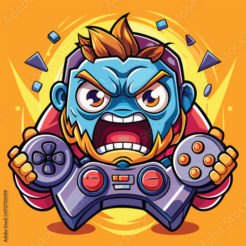 A fierce, blue-faced gamer character with spiky hair and an enraged expression clutches a game controller, caught in the heat of an intense gaming challenge, surrounded by explosive effects.