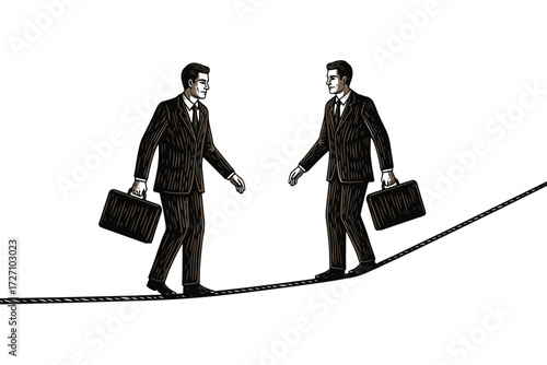 Two businessmen walking on a tightrope isolated on white background, each carrying a briefcase, symbolizing risk, balance, and competition in business vector