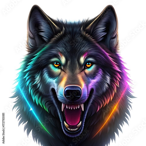 Close up portrait of a black wolf with vibrant neon rainbow colors