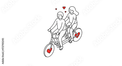 Couple riding a tandem bicycle with love hearts in background  