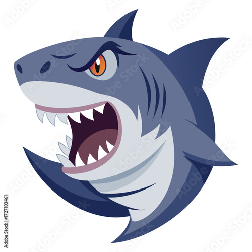 A close-up, detailed depiction of a menacing shark's head, featuring sharp teeth and an angry expression. This image captures the raw power and ferocity of the ocean predator.