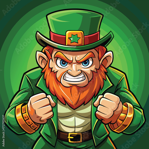 A detailed image of an angry leprechaun with a fiery beard, clenched fists, and a determined look. He wears a traditional green hat and suit, emanating a powerful and confrontational aura.
