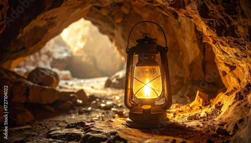 A lantern placed in a cave, casting light