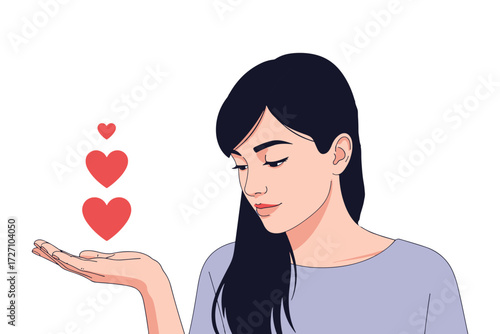 A woman with black hair holding hearts in her hand isolated on white background she wears a purple shirt, expressing love and affection with tenderness vector