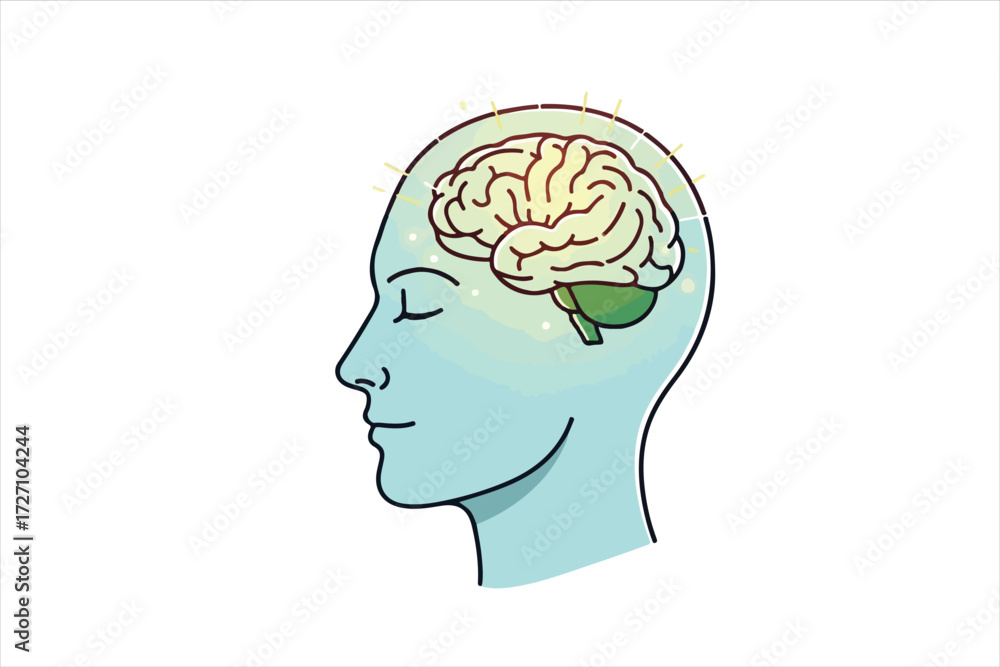 Obraz premium Illustration of a human head in profile with a glowing brain inside, representing thought and intelligence.