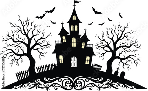 Haunted House Silhouette with Bats, Gravestones, Twisted Trees, Glowing Windows, and Gothic Architecture for Halloween, Spooky, and Vector Design Projects