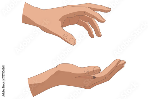 Two hands, one reaching down as if to give or receive, isolated on white background the other hand is open, palm up, ready to receive vector
