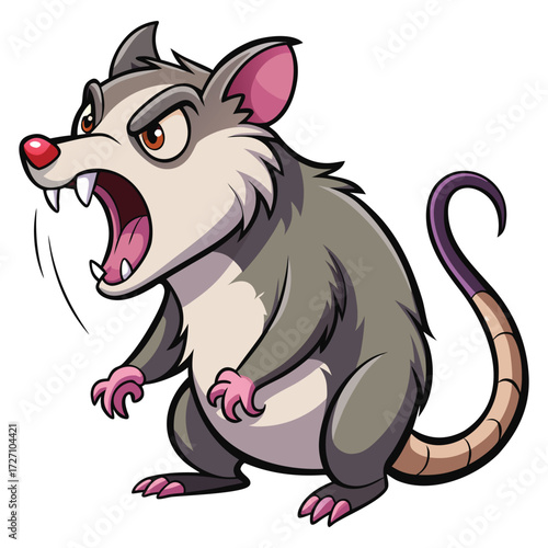 A fierce cartoon opossum with an angry expression is captured in a moment of aggression, baring its sharp teeth with its mouth wide open, ready to defend itself.