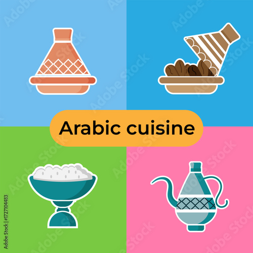 Minimalist illustration of Arabic food and cultural dining elements in vector style.