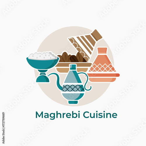 Minimalist illustration of Arabic food and cultural dining elements 