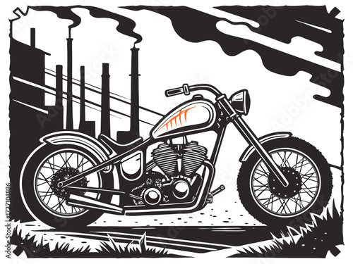 Vintage chopper motorcycle in front of factory with smoke