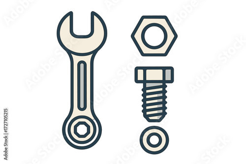 Illustration of a wrench, bolt, nut, and washer used for mechanical tasks in construction