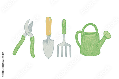 Garden tools set including pruning shears, trowel, cultivator, and watering can in vibrant colors for planting and gardening