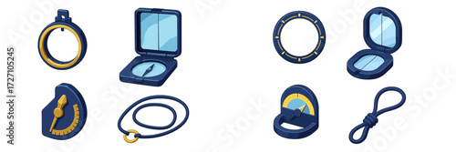 Collection of navigational tools including compass and protractor captured in a clean, blue design setting