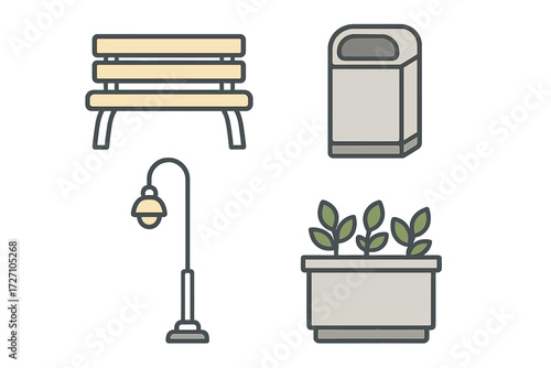 Park elements including bench, trash can, lamp post, and planter in a public space