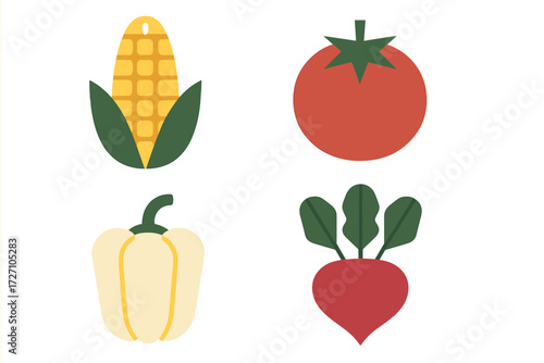 Fresh vegetables and fruits arranged in a colorful and simple design celebrating healthy eating